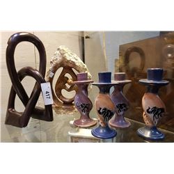 CARVED SOAPSTONE & 2 PAIR OF CARVED SOAPSTONE CANDLE STICKS