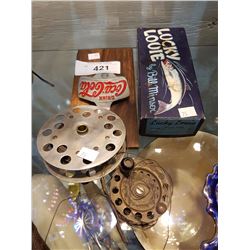 COKA-COLA BOTTLE OPENER, LUCKY LOUIE NEWER IN BOX, & TWO FISHING REELS