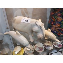 AFRICAN HAND CARVED HIPPO & PAIR OF DOLPHINS