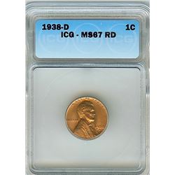 1938-D LINCOLN WHEAT CENT ICG MS67 RED