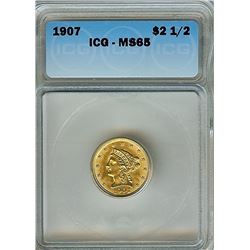 1907 LIBERTY HEAD $2.50 GOLD QUARTER EAGLE  ICG MS65