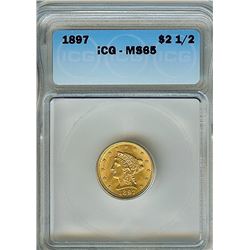 1897 LIBERTY HEAD $2.50 GOLD QUARTER EAGLE  ICG MS65  RARE THIS NICE!  LOW MINTAGE!