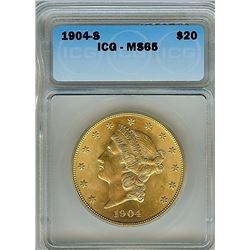 1904-S LIBERTY HEAD $20 GOLD DOUBLE EAGLE  ICG MS65  SCARCE HIGH GRADE!