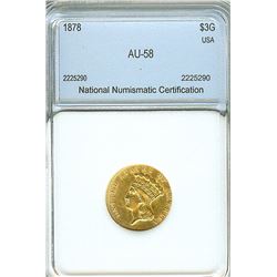 1878 INDIAN PRINCESS GOLD $3  NNC AU58