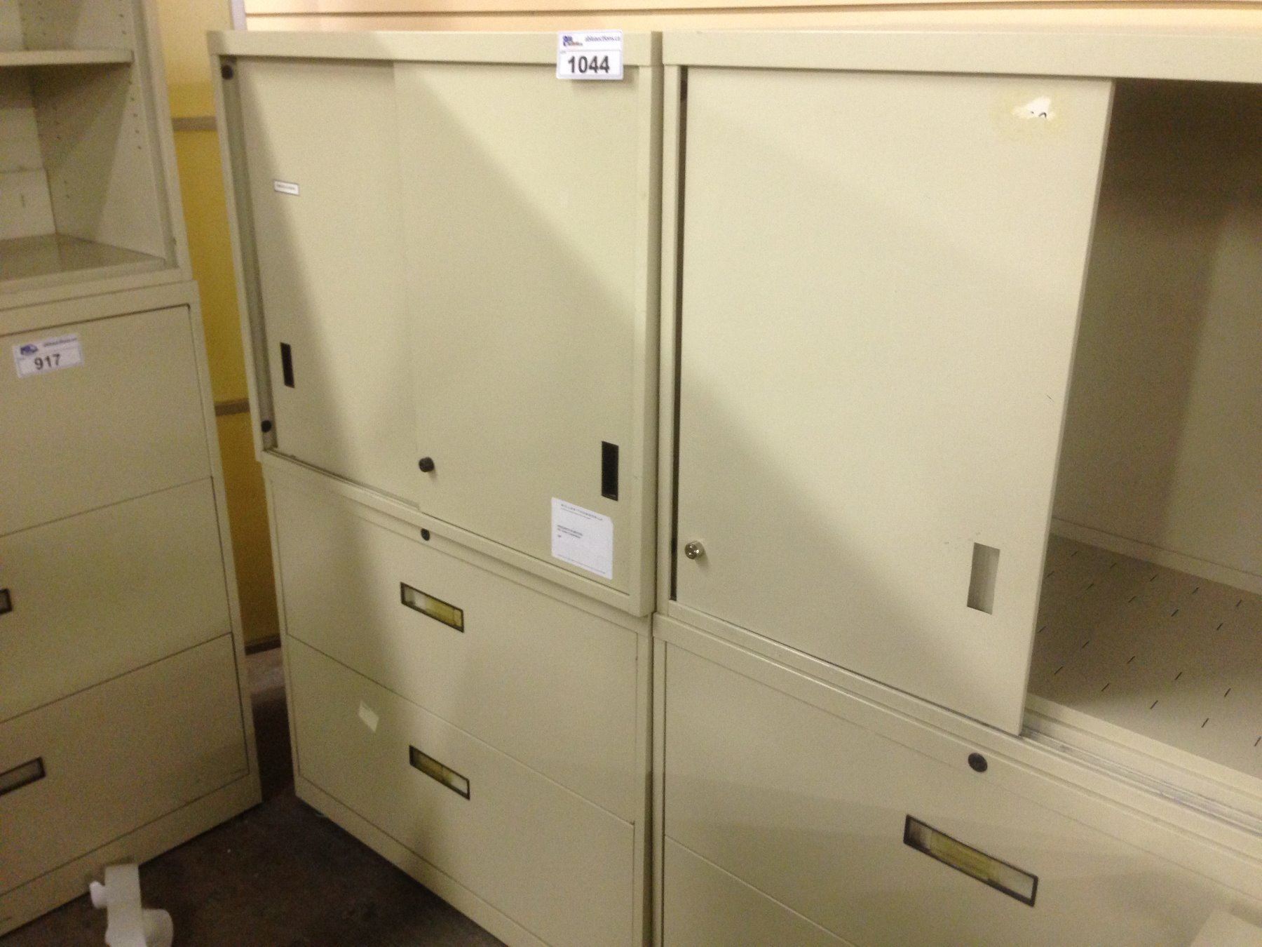 Beige 2 Drawer Lateral File Cabinet With Sliding Door Overhead Shelf