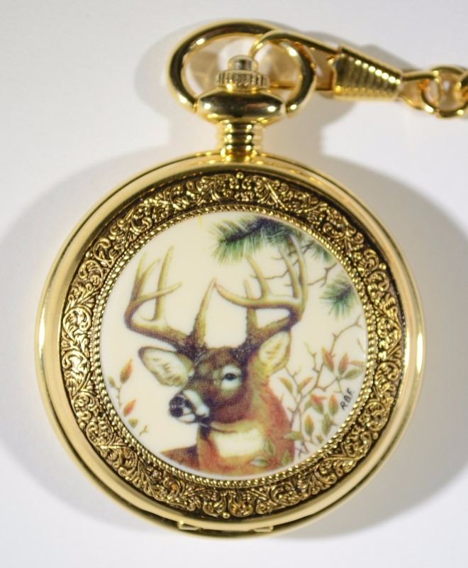FRANKLIN MINT HUNTING CASE POCKET WATCH DEER on COVER NEED BATTERY