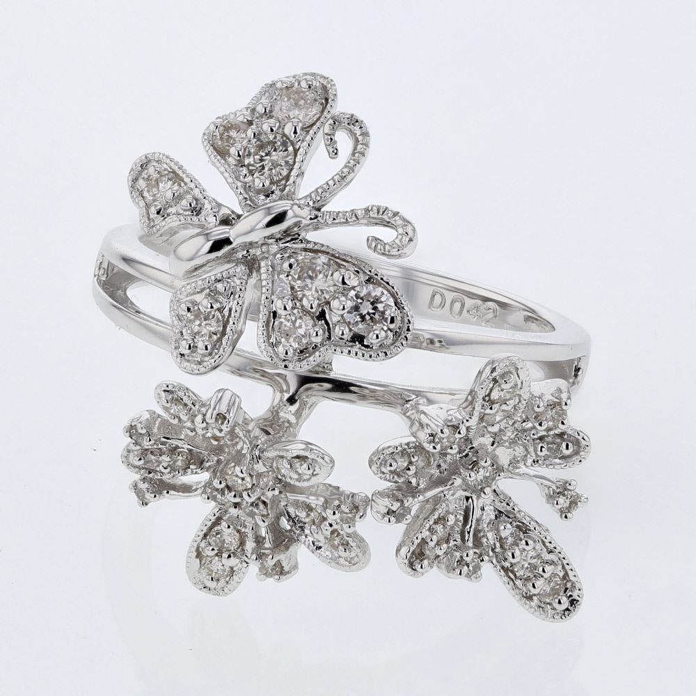 Butterfly & Flower Paveset Diamond Ring in 14K White Gold REF71F5M