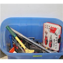 BLUE TOTE WITH WRENCHES, SCREW DRIVERS, AND SOCKET