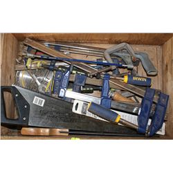 WOOD TOOL BOX W/ SAWS AND CLAMPS