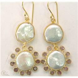 #32-SILVER & GOLD PLATED GARNET & PEARL EARRINGS