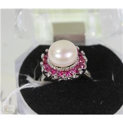 #87-AKUYA PEARL & RUBY .925 STERLING SILVER RING
