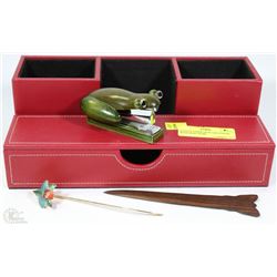 REED LEATHER DESK ORGANIZER WITH DESK ITEMS
