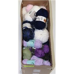 BOX OF NEW WOOLS IN ASSORTED COLORS AND TYPES