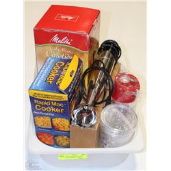 TOTE WITH MELITTA COFFEE MAKER, RAPID MAC COOKER,