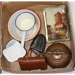 BOX OF VINTAGE ITEMS TINWEAR, COPPER