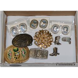 FLAT OF WESTERN ITEMS BELT BUCKLES/PINS/EARRINGS