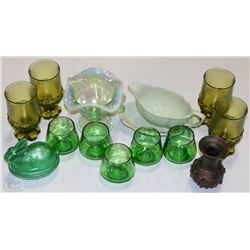 LOT OF ASSORTED HEAVY GREEN GLASSES AND