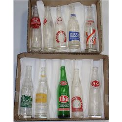 FLAT OF TEN ASSORTED VINTAGE GLASS POP BOTTLES