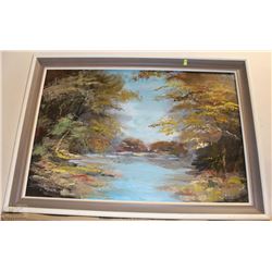 OIL PAINTING OF A FLOWING RIVER SCENE (41"X29")