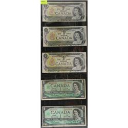 LOT OF 5 CANADIAN DOLLAR BILL - 1967 AND 1973