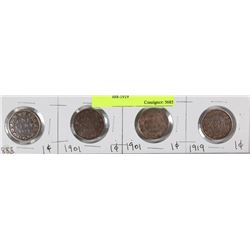 LOT OF FOUR CANADIAN 1 CENT COINS 1888-1919