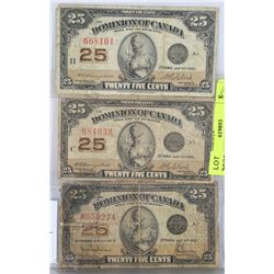 LOT OF THREE 1923 CANADIAN SHINPLASTERS BANK NOTES