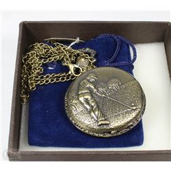 BRONZE POCKET WATCH GOLF FACE WITH  LONG CHAIN