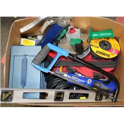BOX OF TOOLS INCL TOOL BAG & CONTENT, GREASE GUN,