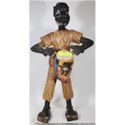 24" CARVED WOOD STATUE OF A MAN PLAYING HIS DRUM