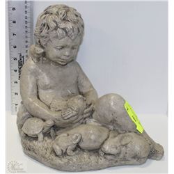 CONCRETE CHILD STATUE W/ BIRD, FROG, TURTLE &
