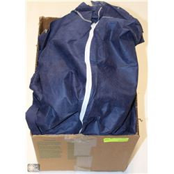 BOX OF BLUE DISPOSABLE COVERALLS