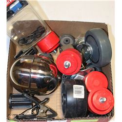 BOX OF MISC CASTERS/CLAMPS/TARP HOOKS AND MISC