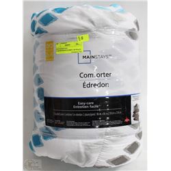 MAINSTAYS COMFORTER, BLUE, GREY, ON WHITE