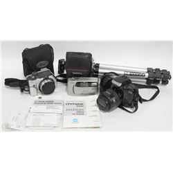 PHOTOGRAPHY LOT WITH TRIPOD AND 3 CAMERAS INCL