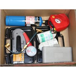 BOX OF TOOLS INCL. 12V COMPRESSOR,
