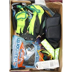 BOX W/NEW WORK GLOVES, SAFETY AND SUN