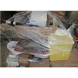 PALLET OF ASSORTED ITEMS INCL SHARPS CONTAINER,