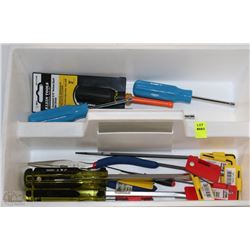 TOOL TRAY WITH ASSORTED SCREW DRIVERS, PLIERS AND