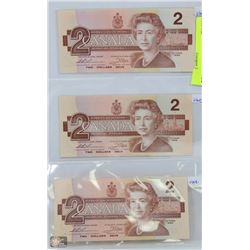 UNC $2 CANADA BANKNOTES 3 BILLS 1986