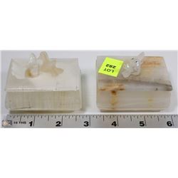 2 MARBLE TRINKET BOXES WITH CARVED ANIMALS ON LID