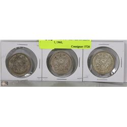LOT OF 3 CANADIAN SILVER 50 CENT COINS 1955, 1960,