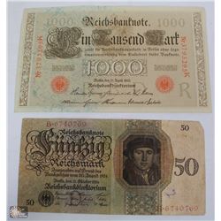LOT OF 2 GERMAN BANK NOTES 1910- 1000MARK & 1924