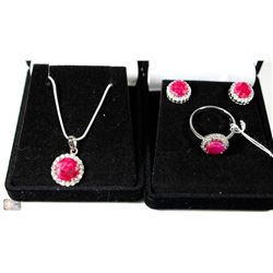 3 PCS SET RED RUBY PENDANT, EARRINGS RING &CZ