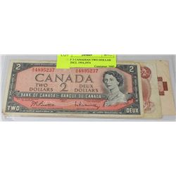 LOT OF 3 CANADIAN TWO DOLLAR BILLS INCL 1954,1974