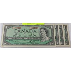 LOT OF FOUR 1954 CANADIAN $1 DOLLAR BILLS