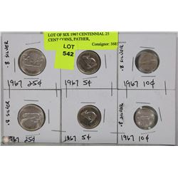 LOT OF SIX 1967 CENTENNIAL 25 CENT COINS, PANTHER,