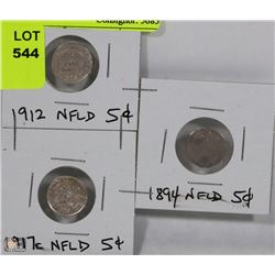 LOT OF THREE NEWFOUNDLAND 5 CENT COINS