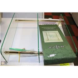 2 NEW GLASS SHELF UNITS THAT HANG ON WALL, 1 IN