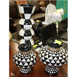 3PC BLACK AND WHITE EGGSHELL CHECKER VASES
