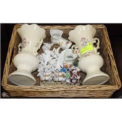 BASKET WITH CERAMICS INCL 2 VASES, RCMP SAUCER,